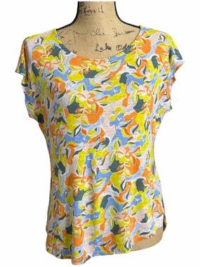 C&C California Short Sleeve multi color Linen Scoop Neck Top.  EC  Size medium